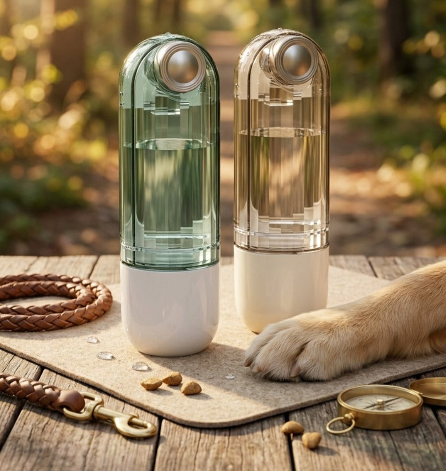 Portable pet water bottle for a dog walk