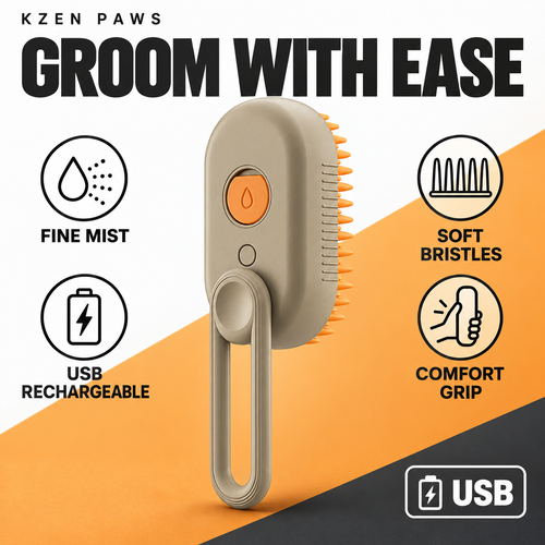 Kzen Paws milk brown grooming brush with orange bristles and product features