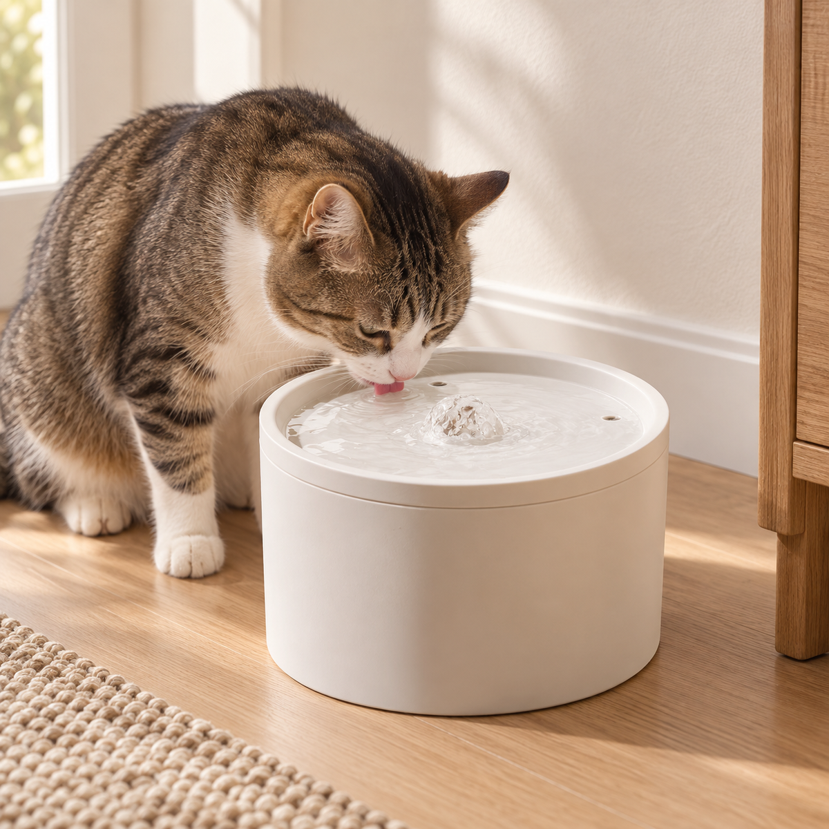 Cat drinking from a white ceramic water fountain at home