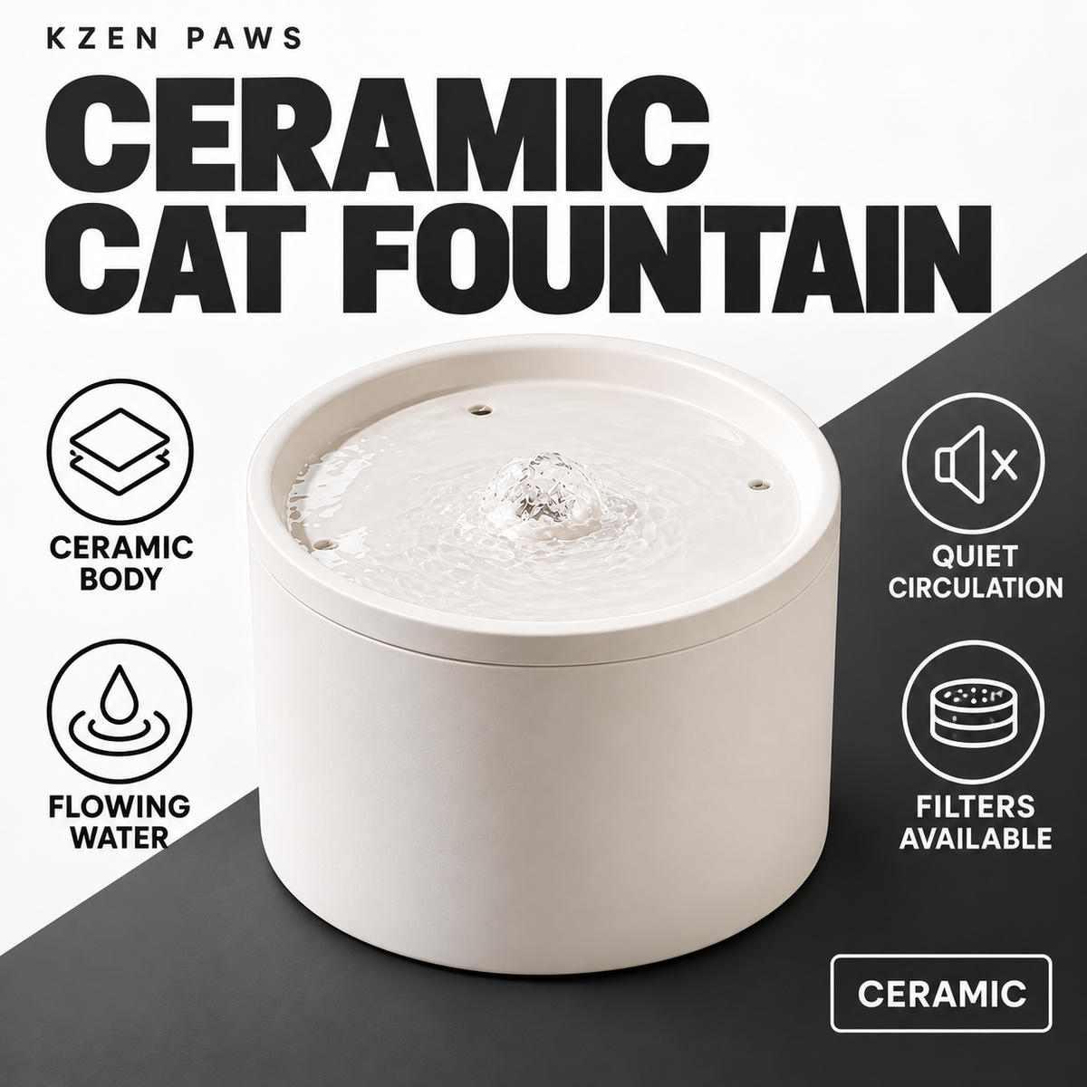 Kzen Paws white ceramic cat water fountain with product features