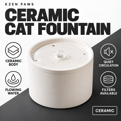 Kzen Paws white ceramic cat water fountain with product features