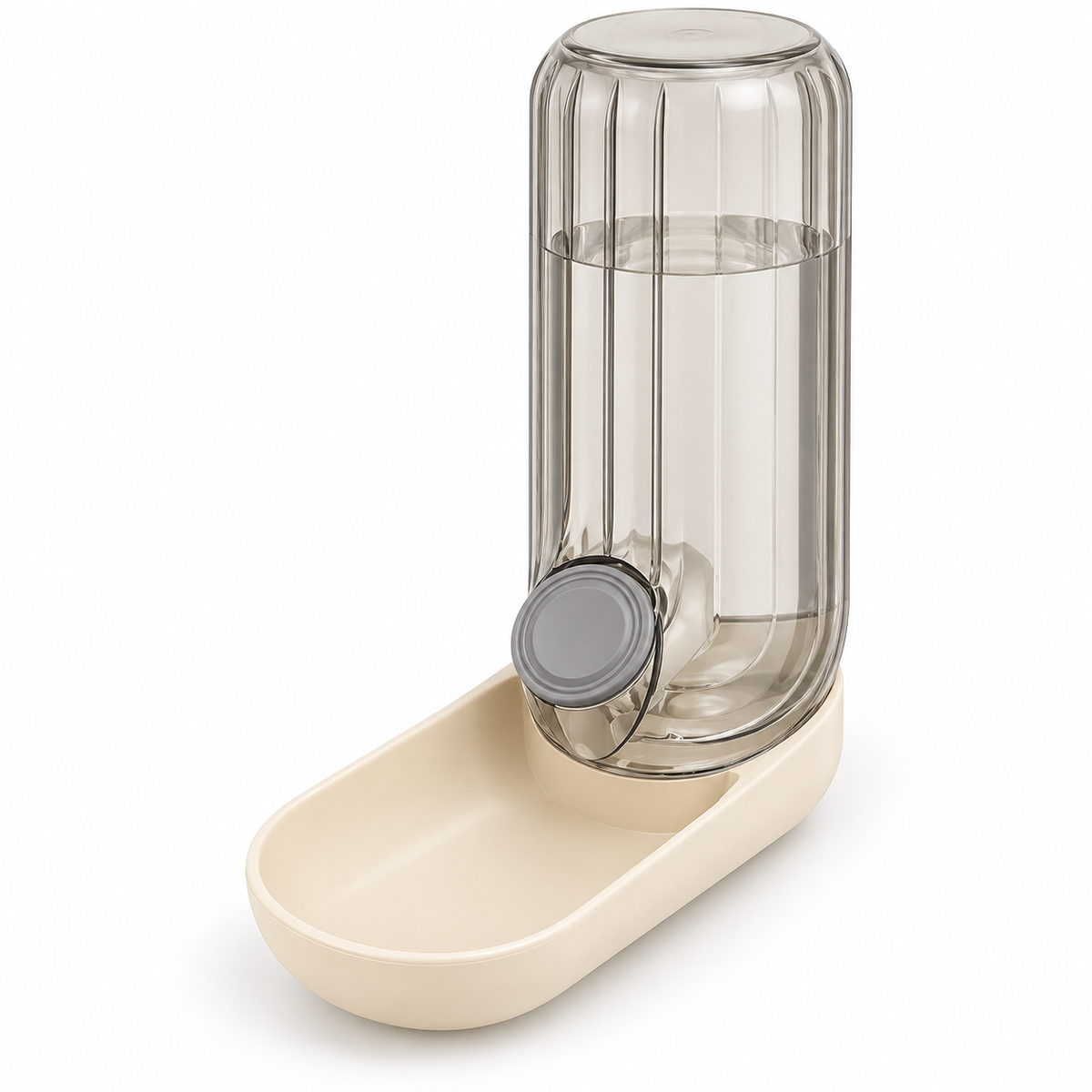 Beige 2-in-1 portable pet water bottle with integrated drinking tray