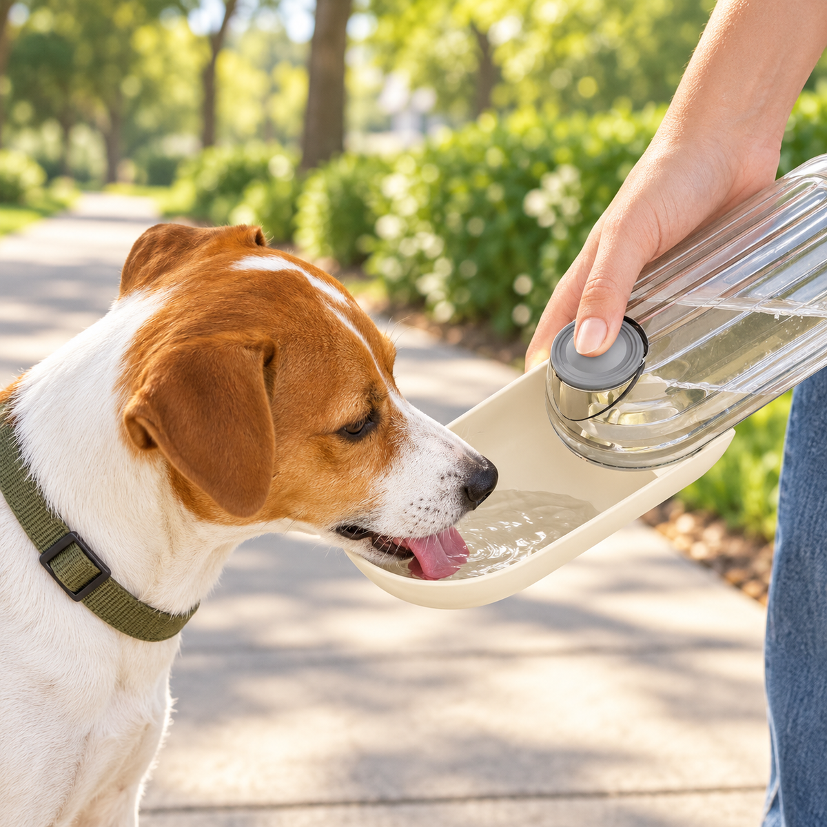 Dog drinking from a beige portable pet water bottle during a walk