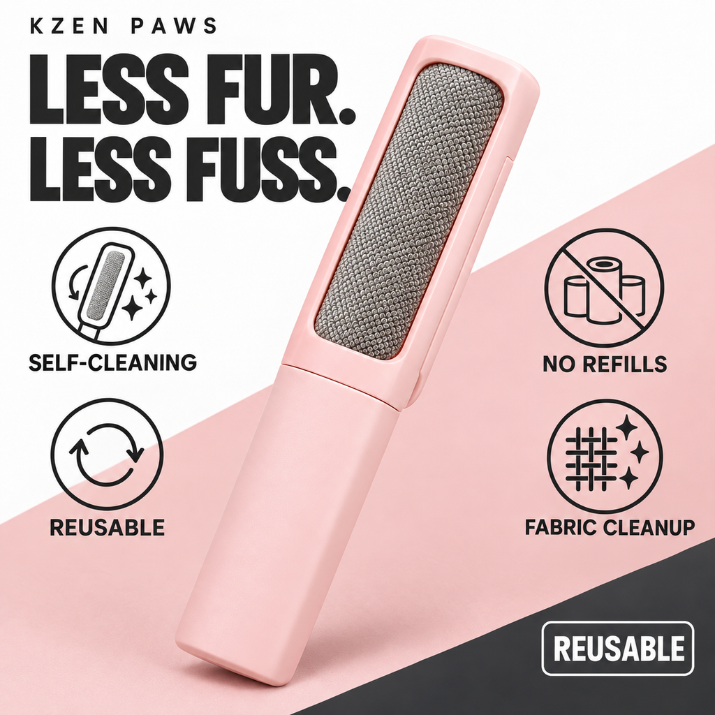 Kzen Paws pink reusable pet hair remover with product features