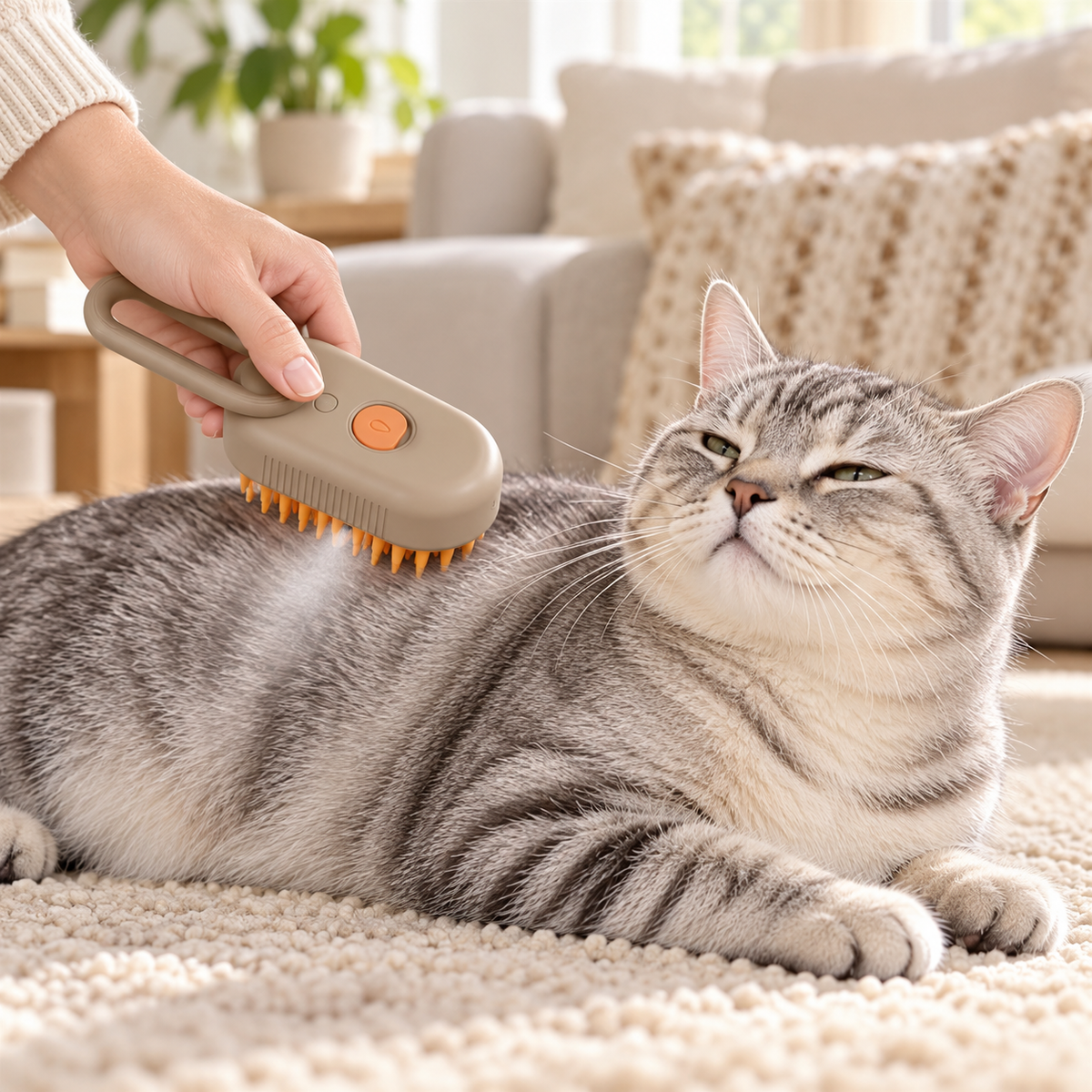 SteamCare grooming brush gently brushing a relaxed cat