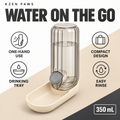 Kzen Paws beige portable pet water bottle with drinking tray and product features